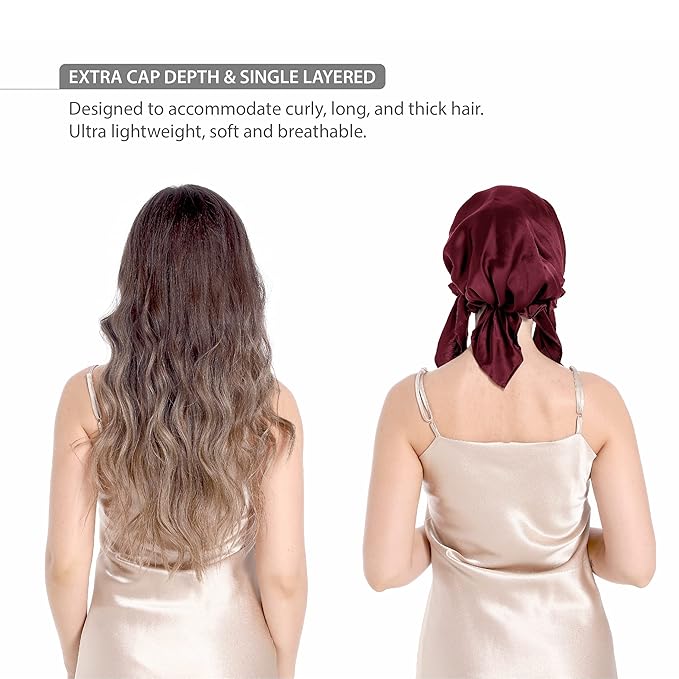 100% Silk Bonnet for Sleeping With Tie Band, Large Sleep Cap for Curly Hair, Wrap for Hair Care (Dark Red)