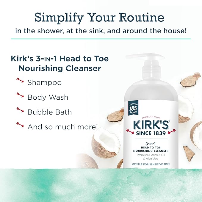 Kirk's 3-in-1 Head to Toe Nourishing Liquid Cleanser - for Men, Women, & Children - Premium Coconut Oil & Aloe Vera - Non GMO & Vegan - Mint and Eucalyptus - 32 Fl Oz. 2 pack