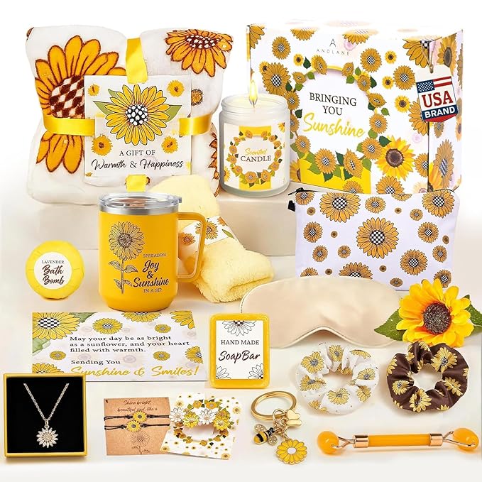 18Pcs Sunflower Gifts for Women - Unique Gift Basket Set - Birthday Gifts for Women, Best Friend, or Sister - Sunshine Box Care Package, Get Well Soon, Thinking of You, Friendship Basket