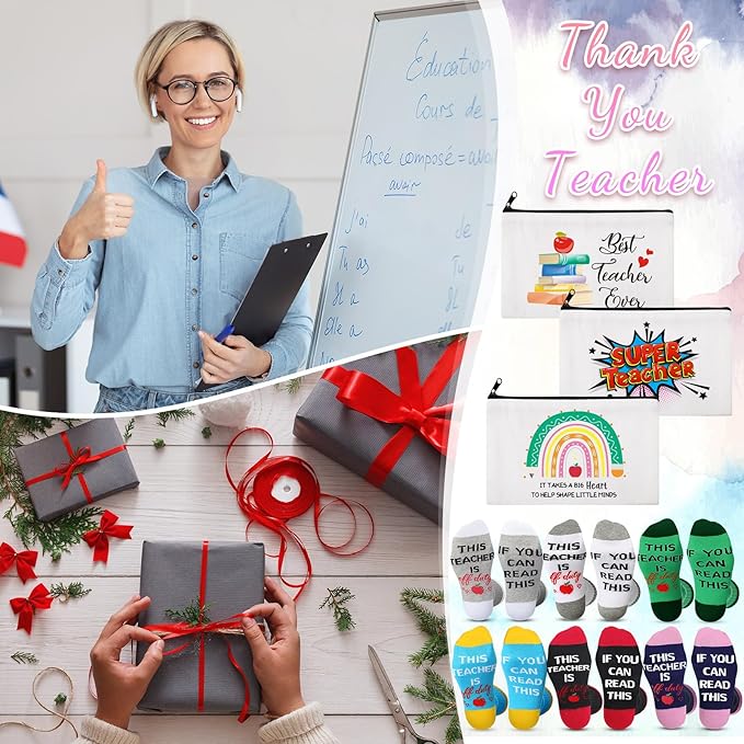 Paterr 24 Pcs Teacher Appreciation Gifts Set End of Year Gifts for Women Bulk Including Socks Makeup Bags Keychain Metal Bookmark for Graduation Birthday(Best Teacher Ever,Cotton)