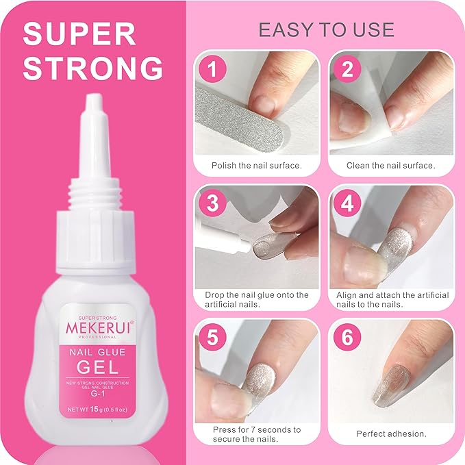 Super Strong Nail Glue Gel (15g) for Press on Nails,Drip and Clog Proof,7S Quickly Dry Without UV Light,Long-Lasting 30+Days,Waterproof Beauty Secret Professional Salon Quality (1, Nail Glue)