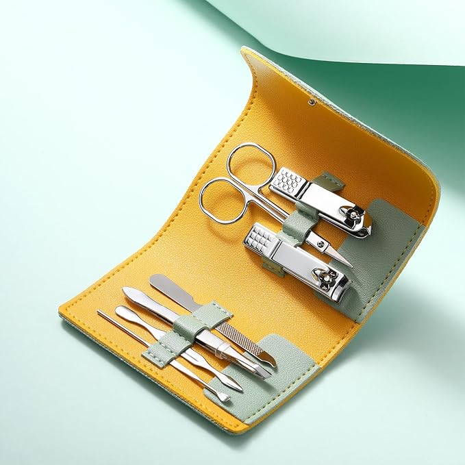 12 Set Manicure Set Bulk Mini Manicure Nail Clipper Kit 7 in 1 Stainless Steel Professional Nail Care Pedicure with Travel Portable Bag Grooming Kits for Women Men Home(Light Green)