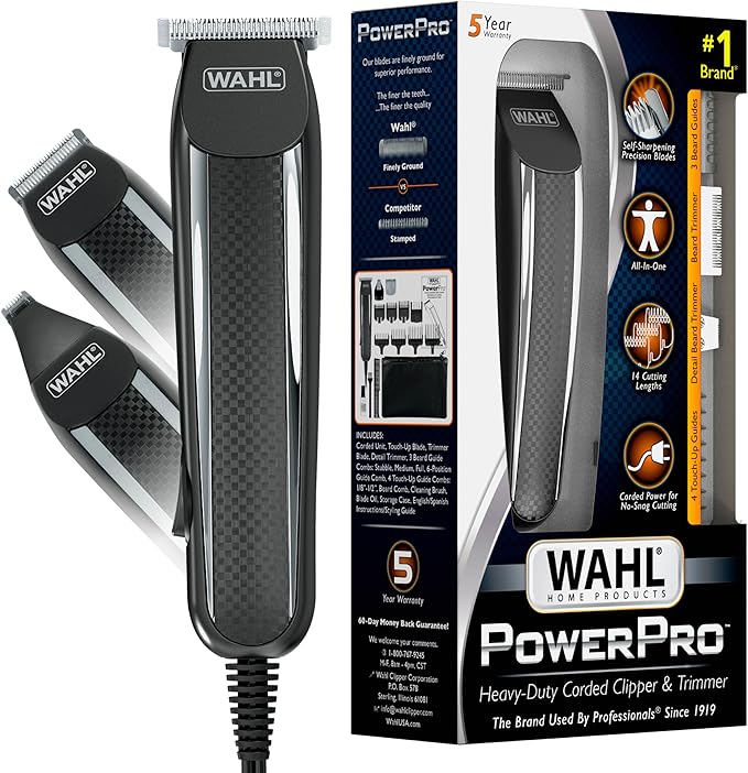 Wahl PowerPro Corded Detailer Trimmer Kit for Mens Grooming – for Beard, Mustache, Stubble, Ear, Nose, & Body Grooming – Model 9686