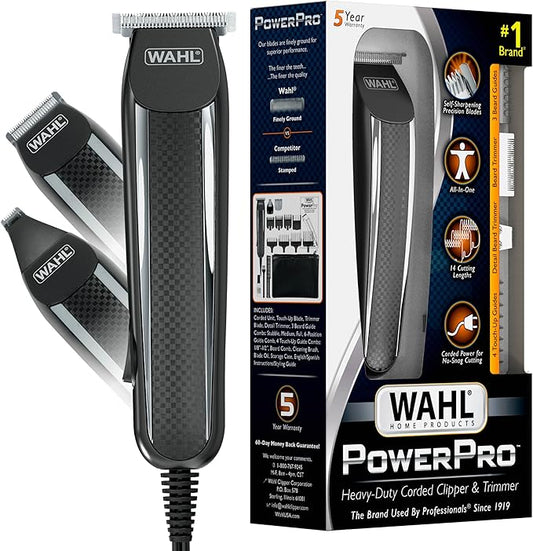 Wahl PowerPro Corded Detailer Trimmer Kit for Mens Grooming – for Beard, Mustache, Stubble, Ear, Nose, & Body Grooming – Model 9686