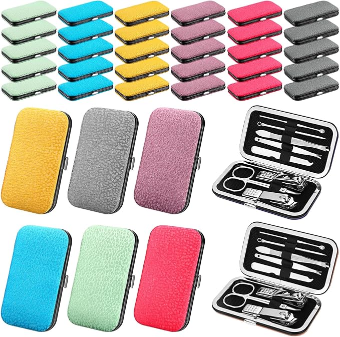 30 Sets Bulk Gifts for Women Manicure Set Bulk Professional Nail Care Kit Nail Clippers Kit 8 in 1 Stainless Steel Pedicure Set with Travel Case for Women Men (Elegant Print)
