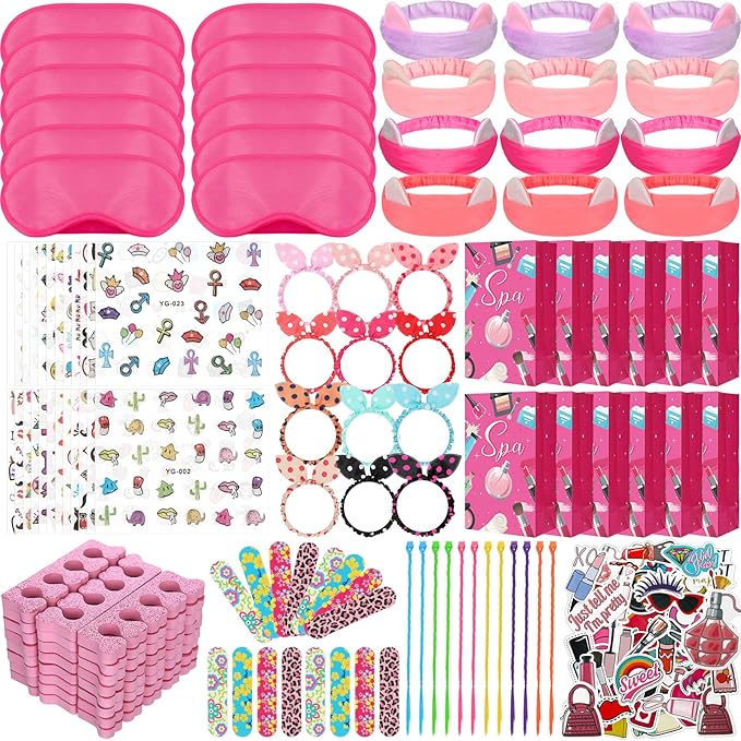 170 Pcs Spa Party Favors for Girls Multiple Spa Party Supplies Include Tote Bags Nail File Eye Mask Toe Separators Nail Stickers Cute Hairbands Hair Circle Colored Hair Braids Clip