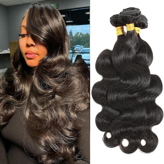 12A Human Hair Bundles Body Wave 14 16 18 Inch - 100% Unprocessed Brazilian Virgin Hair Extensions 3 Bundles Quick Weave Natural Black