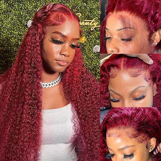 99j Burgundy Lace Front Wigs Human Hair 13x4 Deep Wave Lace Front Wigs Human Hair Pre Plucked 180 Density HD Transparent Wet and Wavy Red Color Curly Wig Human Hair for Women with Baby Hair 24inch