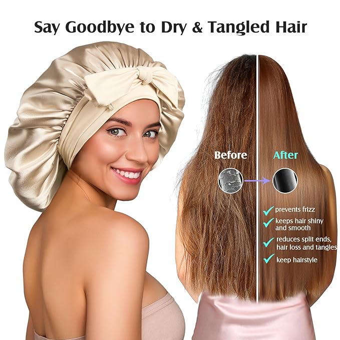 YFONG 100% 22 Momme Mulberry Silk Bonnet for Sleeping Women, Larger Double Layer Silk Hair Wrap for Curly Short Long Hair, Non-Slip Sleep Cap Turban with Elastic Tie Band for Hair Care, Champagne