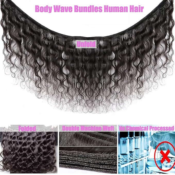 12A Body Wave Human Hair Bundles with Closure (20 22 24+18,Free Part) Closure with 3 Bundles Brazilian Virgin Hair Extensions with Pre Plucked with Baby Hair 5X5 HD Lace Closure Natural Black Color