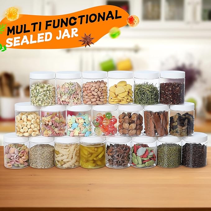 48pcs 8 oz Plastic Containers with Lids Pen Labels Leak Proof BPA Free Airtight Refillable Clear Small Containers Storage Jars for Storing Dry Food Makeup Slime Honey Jam,white