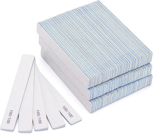 100 Pieces Rectangle Nail Files 100/100 Grit, Reusable Nail Buffers Double Sided Emery Boards Fingernail Files for Acrylic Nails and Natural Nails