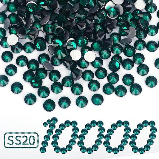 10000PCS Emerald Rhinestones Bulk, Flat Back Crystal Glass Stone Round Gems,SS20, 4.6-4.8mm