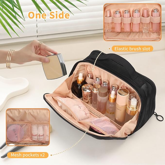 OCHEAL Travel Makeup Bag - Wide Open Cosmetic Bag for Women Make up with Two Compartments, Portable Lightweight Roomy Organizer Toiletry Bag for Girls Skincare tools Accessories-Black