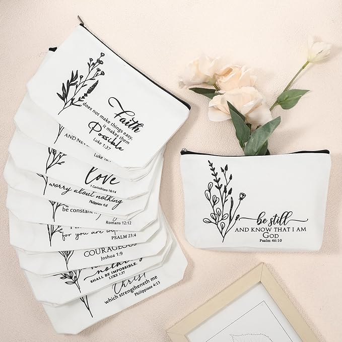 10Pcs Christian Gifts for Women Religious Cosmetic Bags Inspirational Bible Verse Pencil Pouch Canvas Makeup Bags Bulk with Zipper for Mother Sister Church Favors