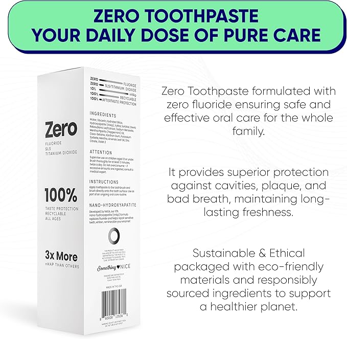 Zero Premium Toothpaste by Something Nice – Dentist Recommended Mint-Flavored Toothpaste with 10% Nano Hydroxyapatite, Fluoride-Free, SLS-Free, Enamel Repair for Adults & Kids Oral Care, Made in USA