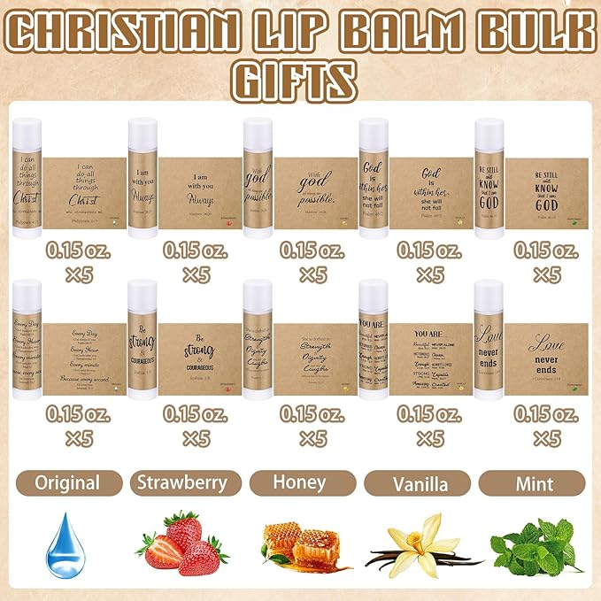 50 Pack Religious Lip Balm for Women Lip Balm with Scripture Bulk Christian Gifts Faith Bible Verse Scripture Inspirational Gift Party Favors Coworkers 10 Styles(Rustic)