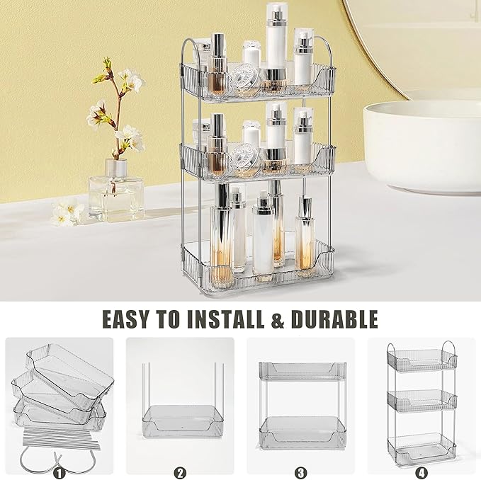 Bathroom Counter Organizer Countertop Storage Skincare Countertop Makeup Organizer Cosmetics Skincare Organizers Holder for Perfume-Grey-Silver Pole-3 Tier