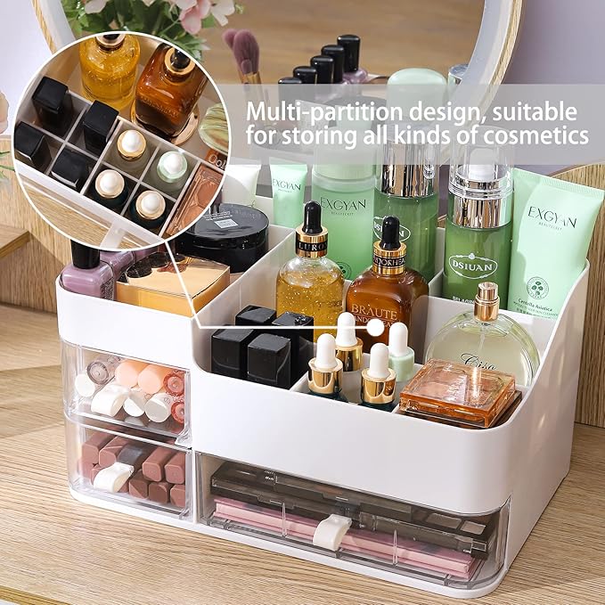 White Makeup Organizer With 3 Drawers, Large Capacity Plastic Cosmetic Storage for Dresser and Vanity, Ideal for Beauty, Perfume, Brushes, Skincare, Bathroom Organizers and Storage Counter