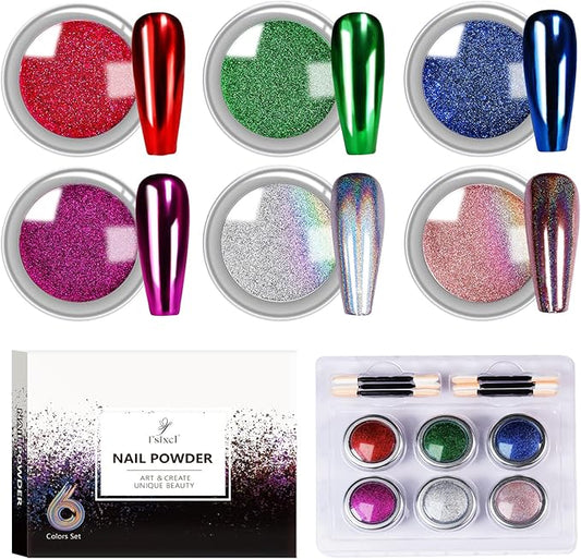 6 Colors Set 0.5g/Jar Holographic Chrome Nail Powder Metallic Mirror Effect Pigment Dust for Gel Nail Art Manicure Decoration (TA 6 Pcs Set-01)