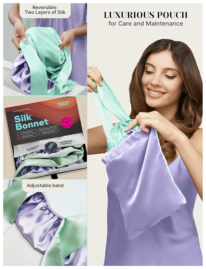 100% Mulberry Silk Bonnet for Sleeping Women with Curly Hair – Alternative to Double Layer Satin Bonnet with Tie Band Premium Silk Hair Wrap for Sleep with Wonder Loop