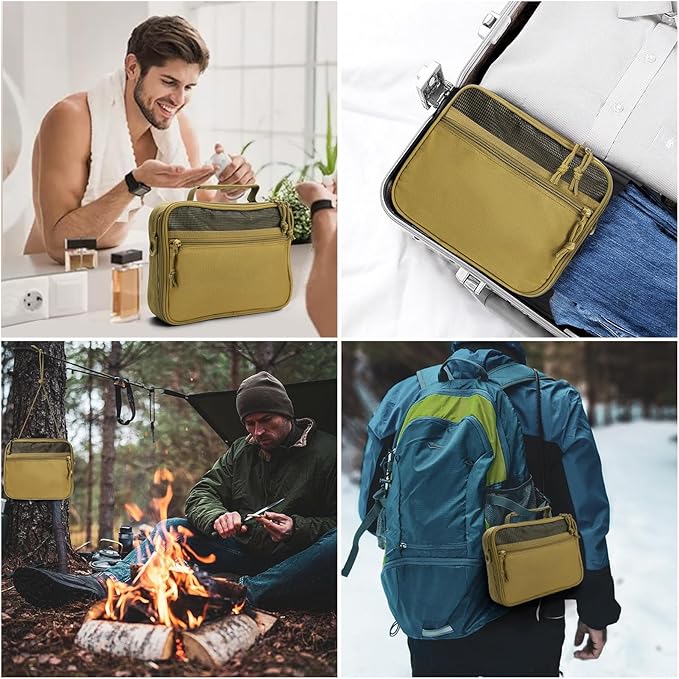 SUNRISING Tactical Toiletry Bag for Men - Hanging Travel Dopp Kit, Shaving Hygiene Organizer, Durable Bathroom Essentials for Short Trips & Camping Khaki(No molle)