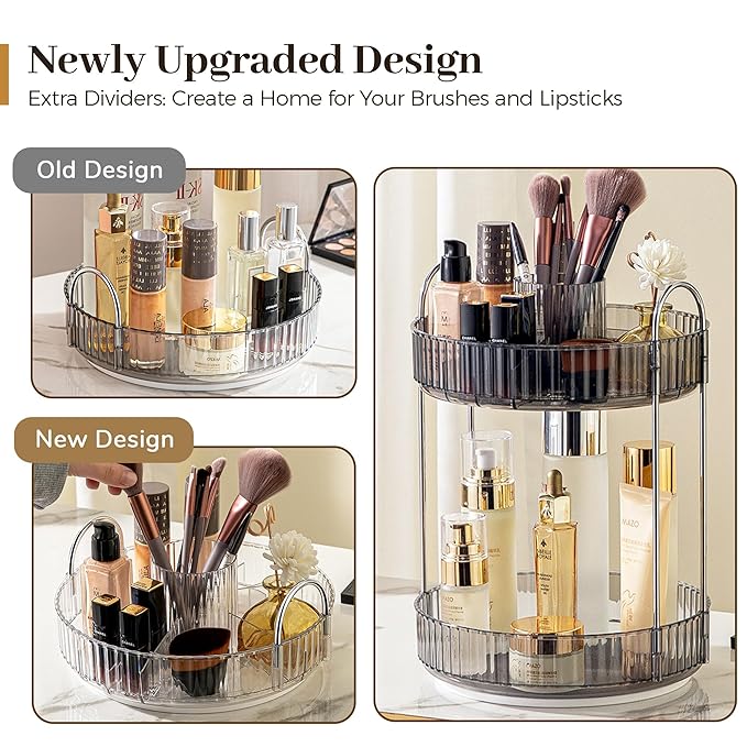 Aveniee 360° Rotating Makeup Organizer for Vanity, Upagraded Perfume Skincare Bathroom Counter Organizers with Brush Divider, Two Tier Spinning Lipstick Cosmetic Makeup Lotion Storage Organizer (Grey)