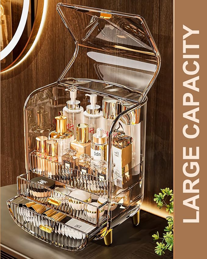 Makeup Organizer, Large Capacity Cosmetics Makeup Organizer for Vanity, Dustproof Waterproof Cosmetics Display Case with Drawers for Skincare, Lipstick, Brushes and Jewelry (Green)