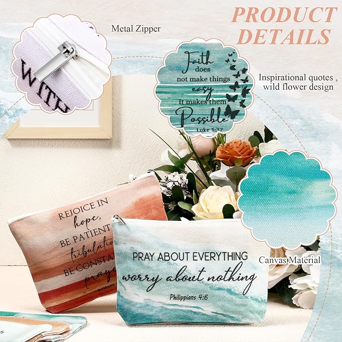10Pcs Christian Gifts for Women Religious Cosmetic Bags Inspirational Bible Verse Pencil Pouch Canvas Makeup Bags Bulk with Zipper for Mother Sister Church Favors