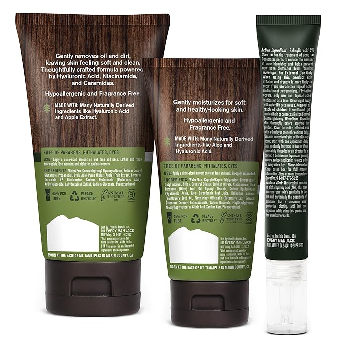 Every Man Jack Daily Skin Care Set -Three Full-Size, Fragrance Free Skin Care Essentials For a Complete Routine - Face Wash, Face Lotion, Acne Spot Treatment