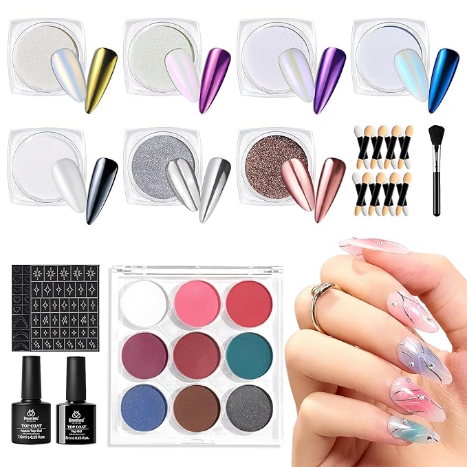 Beetles Metallic Chrome Nail Powder Kit, Mirror Effect Holographic Nail Gradient Powder Set & Nail Art Stickers Decals with 2Pcs 7.5ml Top Coat for DIY Nails Art Decoration, 16 Colors 0.5g/Jar