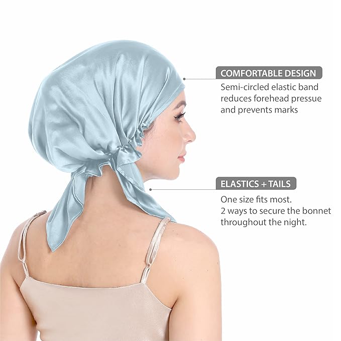 100% Silk Bonnet for Sleeping, Hair Bonnet with Tie Band, Large Silk Sleep Cap for Curly Hair, Silk Hair Wrap for Hair Care (Blue)