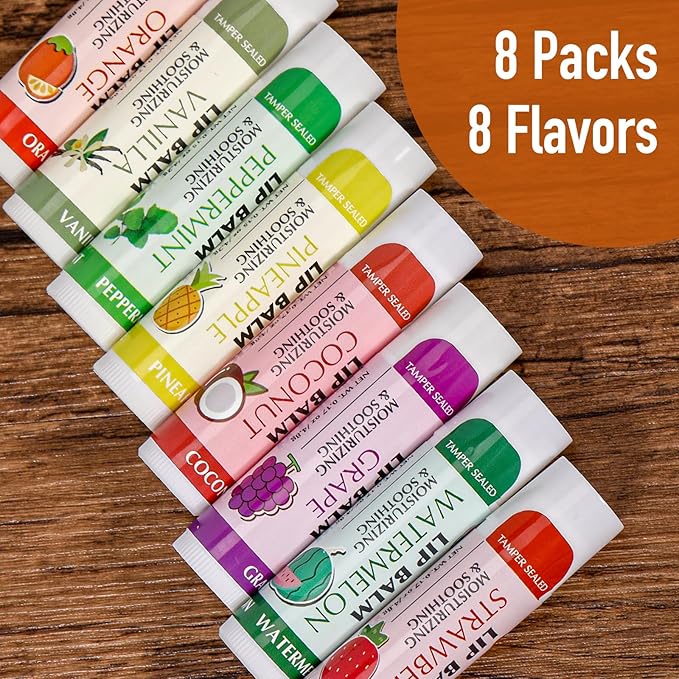 AZEN 8 Pack Lip Balm, Natural Lip Balm Bulk, Lip Care Product, Moisturizing Lip Balms for dry cracked lips - 8 Flavors