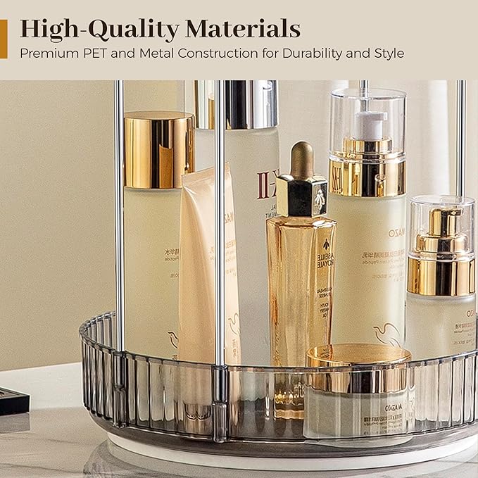 Aveniee 360° Rotating Makeup Organizer for Vanity, Upagraded Perfume Skincare Bathroom Counter Organizers with Brush Divider, Two Tier Spinning Lipstick Cosmetic Makeup Lotion Storage Organizer (Grey)