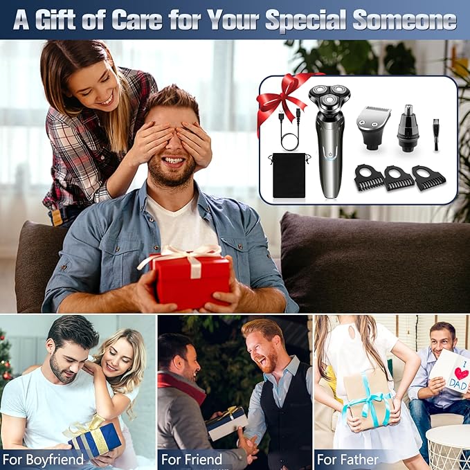 Electric Razor for Men, Men's Electric Shavers Rotary Replacement Waterproof Rechargeable,Electric Shaver for Men Cordless Floating Head Replaceable Blades,Portable Travel Razor Ideal Men Gift