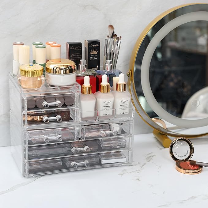 Cq acrylic Make Up Organizers for Vanity With 6 Drawers, 2 Pack Clear Drawer Organizers,Plastic Cute Desk Accessories Organization and Bathroom Organizers Storage Case Box Cube for Beauty,Skin Care