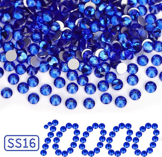 10000PCS Royal Blue Rhinestones Bulk, Flat Back Crystal Glass Stone Round Gems,SS16, 3.8-4.0mm