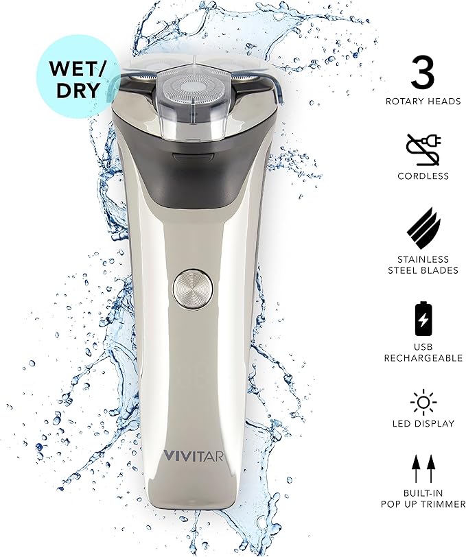 VIVITAR Metallic Cordless 3 Head Rotary Shaver, Cordless Electric Rotary Shaver for Men with Three Independently-Floating Heads, Pop-up Trimmer, and Stainless Steel Blades for Wet and Dry Uses