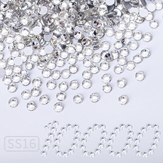 10000PCS Clear Rhinestones Bulk, Flat Back Crystal Glass Stone Round Gems,SS16, 3.8-4.0mm