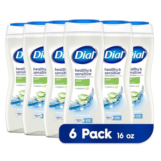 Dial Clean + Gentle Body Wash, Aloe Scent, 16 Fl Oz (Pack of 6)