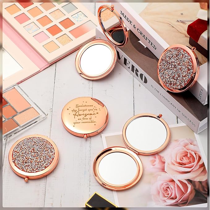 Roowest 30 Pcs Inspirational Compact Mirror Sometimes You Forget You're Awesome Appreciation Gifts for Women Mother's Day Party Favors Magnifying Pocket Mirror (Rose Gold)