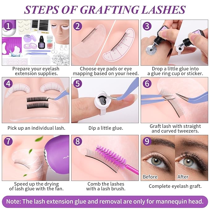 Eyelash Extension Kit for Beginners, Professional Lash Extension Supplies Set with Mannequin Head Lash Fan Extension Glue Eyelash Remover Tweezers, Practice Lash Training Tool for Eyelash Extensions