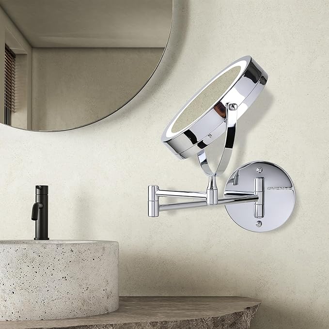 OVENTE 7" Lighted Wall Mount Makeup Mirror with 1X/10X Magnification, Cordless Double Sided Magnifying Round Vanity Mirror, 360° Swivel Design, Extendable and Folding Arm, Polished Chrome MFW70CH1X10X