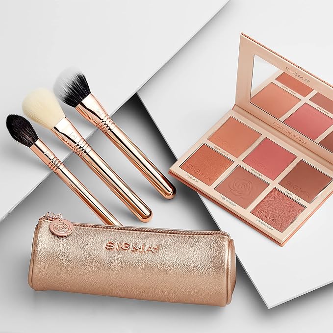 Sigma Beauty Bloom + Glow Makeup Brush Set – Set of 3 Face Makeup Brushes for Blush, Contour, Bronzer, and Highlighter, Includes Stylish Rose Gold Small Makeup Bag (4 Pcs)