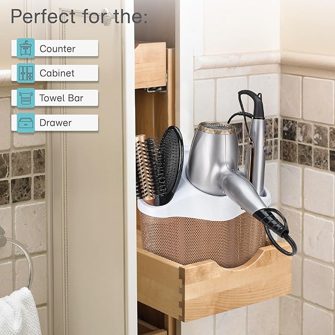 Polder Style Station, Tool Organizer for Hair Dryer, Curling Iron, and Straightener, Easy-to-Store Hair Styling Station, White and Copper