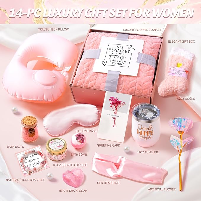 Birthday Gifts for Women Self Care Gifts Get Well Soon Gifts for Women,Relaxing Spa Gifts Basket w/Flannel Blanket Traveling Pillow Care Package christmas Birthday Gifts Idea for Mom Her Wife Friends