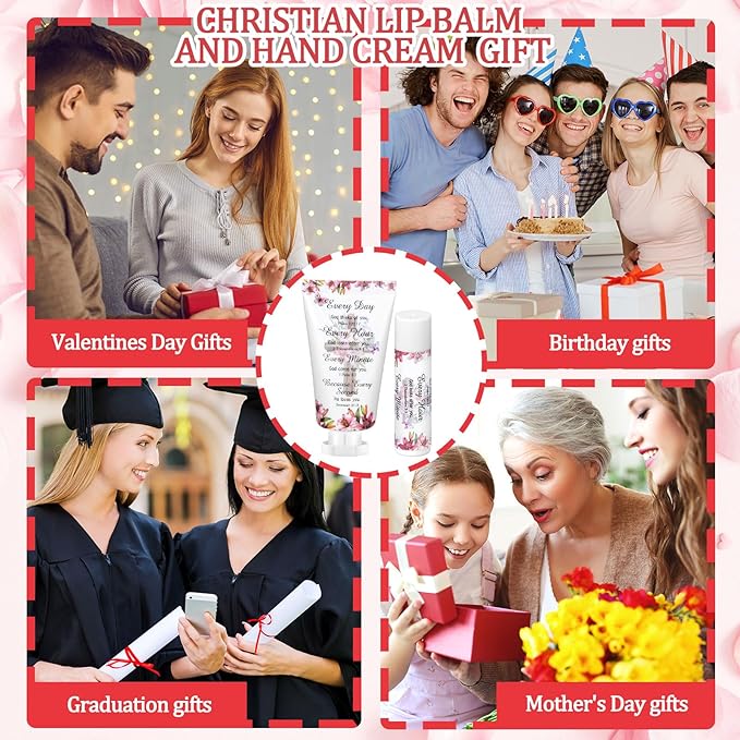 24 Sets Christian Hand Cream and Lip Balm Gift Set Christmas Christian Gift for Women Travel Size Hand Lotion Bible Verse Lip Balm Bulk for Baby Bridal Shower Mom Holiday Gift(Stylish)