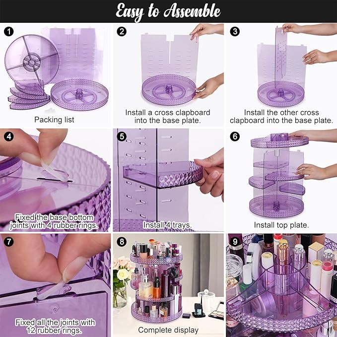 Makeup Organizer 360 Degree Rotating Cosmetic Storage Organizer, Acrylic Make Up Organizer, Large 7 Layers 360 Makeup Organizer, Fits Makeup Brushes, Lipsticks, Bathroom, Vanity, X-Large Purple