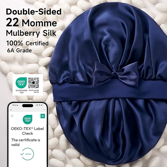 Umisleep Large Silk Bonnet for Sleeping Women, 100% Double Layer 22 Momme Mulberry Silk, Non Slip Hair Bonnet with Adjustable Band for Curly Long Hair, Navy Blue
