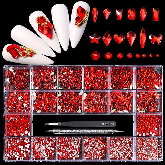 12 Types of Red 600 Diamonds + 2500 Flat Rhinestones Mix 20 Styles Flatback DIY Crafts Rhinestone Crystals 3D Decorations Flat Back Stones Set +Tweezers + Drill Pen